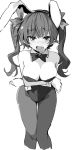  1girl alternate_costume animal_ears bangs bare_arms bare_shoulders blush breast_hold breasts bunnysuit cleavage cropped_legs detached_collar eyebrows_visible_through_hair greyscale hair_ribbon himekaidou_hatate kamukamu_(ars) large_breasts leaning_forward long_hair looking_at_viewer monochrome open_mouth pointy_ears rabbit_ears ribbon simple_background solo touhou twintails white_background wrist_cuffs 