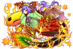  1girl autumn_leaves blue_hair dragon_egg fire flame hair_ornament hair_stick highres japanese_clothes kimono leaf leaf_print long_hair looking_at_viewer maple_leaf mito_amatsu oni_horns pointy_ears red_eyes salamander solo very_long_hair wide_sleeves 