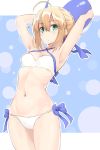  1girl ahoge aqua_eyes armpits arms_behind_head arms_up artoria_pendragon_(all) artoria_pendragon_(swimsuit_archer) blonde_hair breasts fate/grand_order fate_(series) highres navel parted_lips saber shunichi small_breasts solo swimsuit white_swimsuit 
