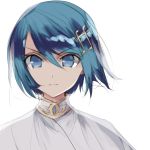  1girl absurdres bangs blue_eyes blue_hair closed_mouth commentary_request eyebrows_visible_through_hair hair_between_eyes hair_ornament hairpin highres mahou_shoujo_madoka_magica miki_sayaka misteor short_hair solo v-shaped_eyebrows white_background 