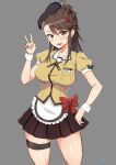  1girl apron beret blouse bow brown_eyes brown_hair character_request hand_on_hip hat long_hair miniskirt mordeth name_tag open_mouth pleated_skirt skirt thigh_strap uniform v wrist_cuffs 