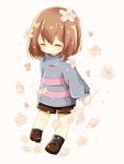 ^_^ androgynous black_socks blush branch brown_hair brown_shoes butterfly cherry_blossoms chibi child closed_eyes flower flowers_in_hair frisk_(undertale) hikaru_(pixiv4944984) loafers sakura short_hair shorts simple_background smile socks solo sweater undertale 