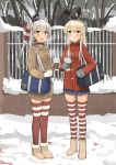  2girls alternate_costume amatsukaze_(kantai_collection) bag bag_charm blonde_hair boots brown_coat charm_(object) coat cup fang full_body gloves hair_tubes highres holding holding_cup kantai_collection keychain long_hair long_sleeves looking_at_viewer miniskirt mittens multiple_girls open_mouth outdoors plastic_cup red_coat red_legwear rensouhou-chan shimakaze_(kantai_collection) silver_hair single_glove skirt smile snow soil_chopsticks standing steam striped striped_legwear thigh-highs two_side_up windsock zettai_ryouiki 