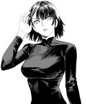  1girl artist_request bangs fubuki_(one-punch_man) greyscale highres long_sleeves m0biuzz monochrome one-punch_man short_hair solo white_background 