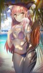 1girl animal_ears arm_behind_back bangs beach blush breasts cleavage clouds cloudy_sky eyebrows_visible_through_hair fate/extella fate/extra fate/grand_order fate_(series) fox_ears gluteal_fold hand_on_own_chest highres lens_flare long_hair looking_away miamuly palm_tree pink_hair purple_swimsuit see-through shirt sidelocks sky smile standing swimsuit tail tamamo_(fate)_(all) tamamo_no_mae_(fate) thigh_gap tree white_shirt yellow_eyes 