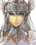  1girl blue_eyes commentary_request face grey_hair hankuri helmet lenneth_valkyrie lips long_hair looking_at_viewer parted_lips simple_background solo spaulders upper_body valkyrie_profile visor_(armor) white_background winged_helmet 