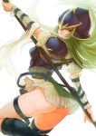  1girl armor ass belt blue_eyes breastplate detached_sleeves fire_emblem fire_emblem:_souen_no_kiseki gloves green_eyes green_hair helmet kokouno_oyazi long_hair looking_at_viewer nephenee polearm skirt solo spear thigh-highs weapon 