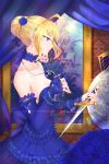  absurdres ahoge alternate_costume armlet artoria_pendragon_(all) avalon_(fate/stay_night) bangs bare_shoulders blonde_hair blue_choker blue_dress blue_flower blue_rose bracelet braid breasts choker cleavage closed_mouth curtains dagger detached_sleeves dress evan_(912319) fate/stay_night fate_(series) flower frilled_dress frills from_side gem green_eyes hair_bun hair_flower hair_ornament head_chain highres jewelry long_sleeves medium_breasts necklace painting_(object) ribbon-trimmed_sleeves ribbon_trim rose saber shield sleeves_past_wrists strapless strapless_dress weapon 
