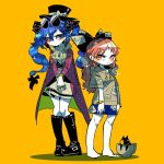  2girls alternate_hairstyle bare_legs barefoot black_bow black_footwear black_hat blue_eyes blue_hair blue_skirt boots bow bowl brown_eyes brown_hair commentary_request cosplay costume_switch debt drawstring dress earrings eyebrows_visible_through_hair eyewear_on_head full_body hair_between_eyes hair_bow hat hat_bow hood hoodie jacket jewelry long_hair long_sleeves looking_at_viewer miniskirt multiple_girls necklace pale_skin pigeon-toed purple_jacket ring siblings simple_background sisters skirt sparkle standing stuffed_animal stuffed_cat stuffed_toy sunglasses top_hat touhou twintails yorigami_jo&#039;on yorigami_shion yt_(wai-tei) 