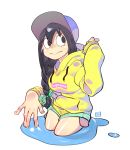  1girl asui_tsuyu baseball_cap bearthemighty black_eyes black_hair boku_no_hero_academia braid braiding_hair breasts casual hairdressing hat highres hood hoodie long_hair long_sleeves medium_breasts partially_submerged puddle shorts simple_background skirt smile white_background yellow_hoodie 