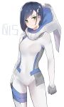  1girl blue_hair character_name commentary cowboy_shot darling_in_the_franxx eyebrows_visible_through_hair green_eyes hair_ornament hair_over_one_eye hairclip highres ichigo_(darling_in_the_franxx) looking_at_viewer norman_maggot pilot_suit short_hair simple_background skin_tight solo white_background 