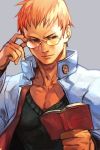 1boy adjusting_eyewear black_shirt book brown_eyes capcom character_request closed_mouth copyright_request glasses grey_background hand_up hankuri holding holding_book jacket kagami_kyosuke kagami_kyousuke long_sleeves looking_down male_focus muscle open_book open_clothes open_jacket orange_hair reading rival_schools shirt simple_background solo upper_body white_jacket