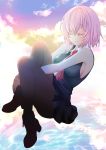  1girl ankle_boots backlighting bangs bare_arms bare_shoulders black_dress black_footwear boots breasts closed_eyes closed_mouth clouds cloudy_sky collared_dress dress fate/grand_order fate_(series) full_body knees_up leg_hug lips mash_kyrielight medium_breasts necktie own_hands_together pink_hair red_neckwear sheepd short_hair sideboob sky sleeveless sleeveless_dress smile solo sunlight water 
