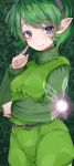  1girl belt blue_eyes blush eyebrows_visible_through_hair fairy finger_to_cheek green green_hair green_sweater hairband highres pointy_ears ra_i ribbed_sweater saria short_hair smile solo sweater the_legend_of_zelda the_legend_of_zelda:_ocarina_of_time tunic turtleneck turtleneck_sweater 