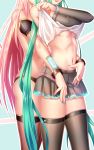  2girls detached_sleeves geduan green_hair hatsune_miku head_out_of_frame highres long_hair megurine_luka multiple_girls nail_polish navel pink_hair shirt_lift skirt thigh-highs twintails very_long_hair vocaloid yuri 