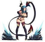  1girl bare_shoulders black_gloves black_legwear blood blue_eyes blue_hair boots breasts cleavage demon_girl demon_tail demon_wings elbow_gloves evelynn gloves hand_on_hip high_heels horns large_breasts league_of_legends lips looking_at_viewer midriff naughty_face navel nikita_varb simple_background smile solo spikes tail tattoo thigh-highs thigh_boots tongue very_long_tail white_background wings 