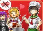  3girls :3 apron black_hair blonde_hair chamaji chef_hat closed_eyes cooking curry food gradient_hair green_eyes hat heart hijiri_byakuren long_hair looking_at_viewer multicolored_hair multiple_girls murasa_minamitsu pot purple_hair sailor_collar short_hair tongue tongue_out toramaru_shou touhou yellow_eyes 