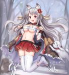  1girl animal_ears azur_lane bare_tree blush breasts cape clenched_hands collar day dog eyebrows_visible_through_hair floral_print flower full_body grey_hair groin hair_flower hair_ornament jumping large_breasts legs_up long_hair looking_at_viewer manda_(manda9n) navel outdoors paw_pose pleated_skirt red_eyes red_skirt sandals sarashi skindentation skirt snow snowing thick_eyebrows thigh-highs tree v-shaped_eyebrows very_long_hair white_legwear yuudachi_(azur_lane) 