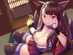  1girl akagi_(azur_lane) animal_ears azur_lane black_legwear breasts cleavage fox_ears fox_tail hima_hijiki japanese_clothes large_breasts looking_at_viewer multiple_tails red_eyes red_skirt sitting skirt smile solo tail thigh-highs 