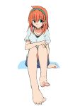  1girl amano_tora barefoot earrings green_eyes hand_on_own_knee highres jewelry kazenoko long_hair looking_at_viewer necklace shirt shorts sitting solo t-shirt white_background 