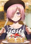  1girl beret cover cover_page doujin_cover fate/grand_order fate_(series) food fork glasses hat knife kurono_kito mash_kyrielight pancake purple_hair short_hair smile solo violet_eyes 