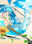  1girl animal_ears ball beachball bikini blue_eyes blue_hair blue_sky breasts clouds cup day flower full_body green_eyes groin head_fins highres in_container in_cup looking_at_viewer medium_breasts mermaid monster_girl open_mouth outdoors radiosity_(yousei) short_hair sky solo sunflower swimsuit touhou umbrella wakasagihime 