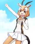  1girl :d animal_ears ascot bangs blue_sky brown_eyes collared_shirt commentary_request cowboy_shot eyebrows_visible_through_hair hand_up horns kemono_friends looking_at_viewer multicolored_hair open_mouth orange_hair orange_neckwear pantyhose pleated_skirt shirt skirt sky smile solo standing tail thomson&#039;s_gazelle_(kemono_friends) totokichi white_skirt wing_collar 