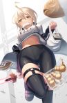  1girl ahoge artoria_pendragon_(all) bag baozi bike_shorts black_legwear blush character_name coat excalibur fate/grand_order fate_(series) food food_on_face from_below glasses gym_shirt hair_between_eyes highres holding holding_sword holding_weapon jacket leg_up looking_at_viewer looking_down mouth_hold mysterious_heroine_x_(alter) navel nekoneko_jun2_123 no_eyewear open_clothes open_coat plastic_bag shirt solo sword thigh-highs track_jacket weapon yellow_eyes 