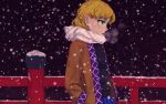  1girl adapted_costume blonde_hair breath coat green_eyes hair_ornament hairclip hands_in_pockets meimaru_inuchiyo mizuhashi_parsee pointy_ears scarf short_hair snowing solo sweater touhou winter_clothes 