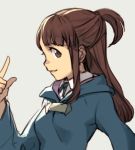  blue_robe brown_eyes brown_hair from_side grey_background hand_up hankuri index_finger_raised kagari_atsuko little_witch_academia long_sleeves looking_at_viewer looking_to_the_side parted_lips ponytail profile robe shirt simple_background smile white_shirt 