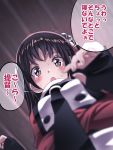  1girl black_gloves black_neckwear blush brown_eyes brown_hair commentary_request fingerless_gloves gloves kantai_collection necktie open_mouth remodel_(kantai_collection) sendai_(kantai_collection) short_hair solo speech_bubble tooi_aoiro translation_request two_side_up 