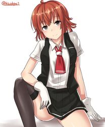  absurdres ahoge arashi_(kantai_collection) black_legwear brown_eyes gloves highres kantai_collection kiritto messy_hair pleated_skirt red_neckwear redhead simple_background sitting skirt thigh-highs white_gloves 