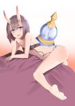  1girl absurdres bare_legs barefoot breasts fate/grand_order fate_(series) feet gradient gradient_background heart heart-shaped_pupils highres horns legs looking_at_viewer meng_ge_3_(565571710) oni oni_horns orange_background purple_hair short_hair shuten_douji_(fate/grand_order) small_breasts smile soles solo symbol-shaped_pupils toes violet_eyes white_background 