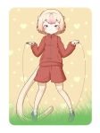 1girl alternate_costume anteater_ears anteater_tail blonde_hair blush bow grass hairband heart highres kemono_friends multicolored_hair pink_hair rakugakiraid silky_anteater_(kemono_friends) solo sportswear tail two-tone_hair