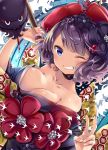  1girl bare_shoulders black_hair blue_eyes breasts calligraphy_brush fate/grand_order fate_(series) flower hair_flower hair_ornament hairpin japanese_clothes katsushika_hokusai_(fate/grand_order) kimono looking_at_viewer medium_breasts natsume_eri octopus one_eye_closed paintbrush short_hair smile solo v 