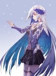  1girl armor breasts brynhildr_(fate) commentary_request crying crying_eye fate/grand_order fate_(series) gradient gradient_background hair_ornament hand_on_own_chest hand_up highres long_hair looking_to_the_side profile silver_hair simple_background solo standing violet_eyes 