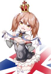  1girl :d anchor_symbol azur_lane bow_legwear brown_hair commentary_request cosplay covered_navel crown detached_collar detached_sleeves fang flat_chest glove_bow gloves kantai_collection kirigaku long_hair looking_at_viewer mini_crown open_mouth queen_elizabeth_(azur_lane) queen_elizabeth_(azur_lane)_(cosplay) ryuujou_(kantai_collection) smile solo strapless thigh-highs twintails union_jack white_background white_gloves white_legwear yellow_eyes zettai_ryouiki 