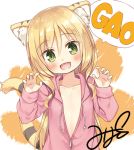  1girl :d animal_ears blonde_hair blush claw_pose collarbone commentary_request drawstring eyebrows_visible_through_hair eyes_visible_through_hair fang flat_chest gao green_eyes head_tilt hood hood_down hoodie long_hair long_sleeves looking_at_viewer open_mouth original partially_unzipped pink_hoodie signature smile solo speech_bubble striped_tail tail tiger_ears tiger_tail upper_body yukino_minato 