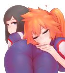  2girls ass black_hair blue_eyes blush boku_no_hero_academia closed_eyes half-closed_eyes hand_on_another&#039;s_ass heart jacket kendou_itsuka kodai_yui looking_at_viewer looking_back lying multiple_girls on_stomach orange_hair pants ponytail resting shpo simple_background smile track_and_field track_jacket track_pants track_suit white_background 