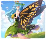  1girl adapted_costume alternate_hair_length alternate_hairstyle antennae blue_hair bouquet breasts butterfly_wings clouds commentary_request dress dutch_angle eternity_larva eyebrows_visible_through_hair flower grass highres holding holding_bouquet holding_flower leaf long_hair looking_at_viewer looking_back medium_breasts mountain older outdoors rin_falcon sky smile solo strapless strapless_dress touhou tree wings yellow_flower 