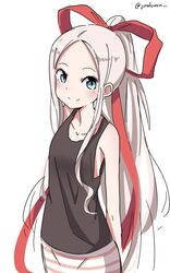  1girl blue_eyes closed_mouth fudatsuki_kyouko fudatsuki_no_kyouko-chan hair_ribbon juralumin long_hair looking_at_viewer red_ribbon ribbon simple_background sketch smile solo tank_top white_background white_hair 