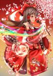  1girl bow brown_hair detached_sleeves floral_print hair_bow hair_tubes hakurei_reimu long_hair looking_to_the_side radiosity_(yousei) red_eyes ribbon sidelocks solo standing touhou yin_yang 