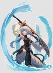  1girl belt detached_sleeves holding holding_sword holding_weapon long_hair low_twintails one_knee original peroncho red_eyes simple_background solo sword twintails water waves weapon white_hair 
