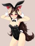  1girl absurdres alternate_costume animal_ears armpits bare_arms black_hairband blush breasts brown_hair bunny_tail bunnysuit cleavage contrapposto cowboy_shot fake_animal_ears hairband hands_up highres imaizumi_kagerou long_hair looking_at_viewer medium_breasts nail_polish nama_shirasu rabbit_ears red_eyes red_nails solo tail touhou wolf_ears wolf_tail wrist_cuffs 