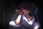  1girl adjusting_clothes adjusting_gloves arrow biting brown_hair collarbone commentary_request fingerless_gloves glove_biting gloves highres japanese_clothes kaga_(kantai_collection) kantai_collection ponytail profile revision short_hair side_ponytail sola7764 solo translation_request yellow_eyes 
