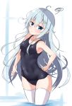  1girl absurdres ahoge armpits black_swimsuit blue_eyes commentary_request cowboy_shot hibiki_(kantai_collection) highres kantai_collection kirikan long_hair looking_at_viewer navel school_swimsuit silver_hair solo standing swimsuit white_legwear 