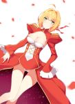  1girl absurdres ahoge blonde_hair blush braid breasts cleavage closed_mouth commentary_request dress epaulettes fate/extra fate_(series) green_eyes hair_between_eyes hair_intakes highres juliet_sleeves large_breasts long_sleeves meng_ge_3_(565571710) nero_claudius_(fate) nero_claudius_(fate)_(all) panties petals puffy_sleeves red_dress simple_background sleeves_past_wrists smile solo underwear white_background white_panties 