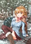  1girl black_legwear blush boots bra braid breasts brown_eyes brown_hair cleavage hair_ornament koiwai_yoshino large_breasts looking_at_viewer masamune-kun_no_revenge plaid_capelet sahara386 scraf short_hair snow snowing solo sweater thigh-highs umbrella underwear 