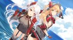  2girls :d admiral_hipper_(azur_lane) ahoge antenna_hair ass azur_lane bangs bike_shorts black_legwear black_shorts blonde_hair blue_sky blush breasts brown_eyes closed_mouth clouds cloudy_sky commentary_request day dress dutch_angle eyebrows_visible_through_hair eyewear_removed eyewear_switch garter_straps gloves green_eyes grey_dress grey_hat hair_between_eyes headgear highres holding_eyewear horizon iron_cross large_breasts leaning_forward long_hair long_sleeves looking_at_viewer looking_back medium_breasts miniskirt mole mole_on_breast mole_under_eye multiple_girls ocean open_mouth orange_eyes over-rim_eyewear pleated_skirt prinz_eugen_(azur_lane) red_eyes red_gloves red_skirt semi-rimless_eyewear shiny shiny_hair short_dress shorts shorts_under_skirt sideboob silver_hair skirt sky sleeves_past_elbows small_breasts smile standing sunglasses thigh-highs thighs two_side_up very_long_hair water yappen zettai_ryouiki 