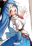  1girl black_hat blue_hair blue_skirt closed_eyes fifiruu food fruit hand_up hat heart hinanawi_tenshi long_hair peach puffy_short_sleeves puffy_sleeves shirt short_sleeves skirt smile solo touhou waving white_shirt 